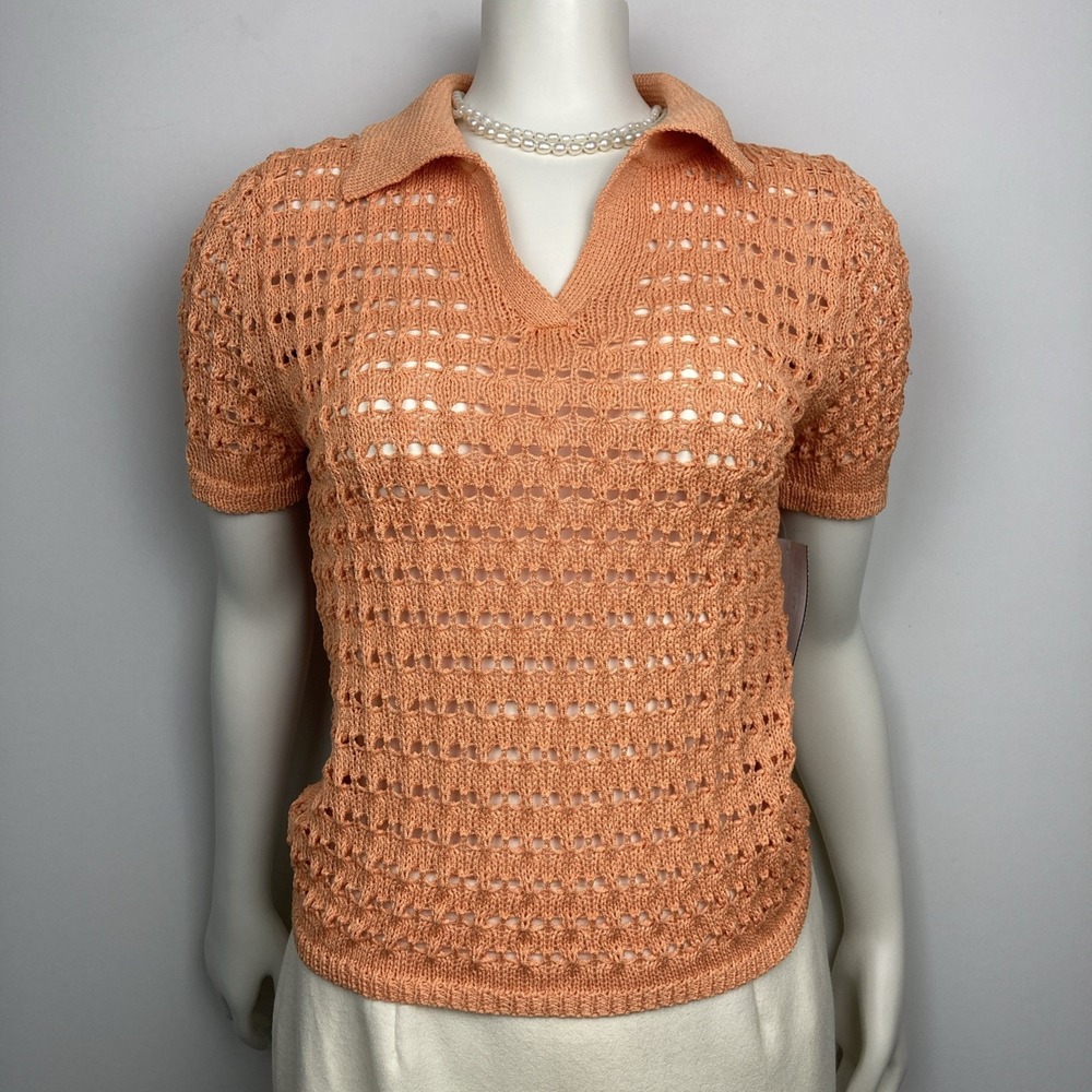 Women's Wide Knit Chunky Windowpane Sweater Top Collared Small Coral